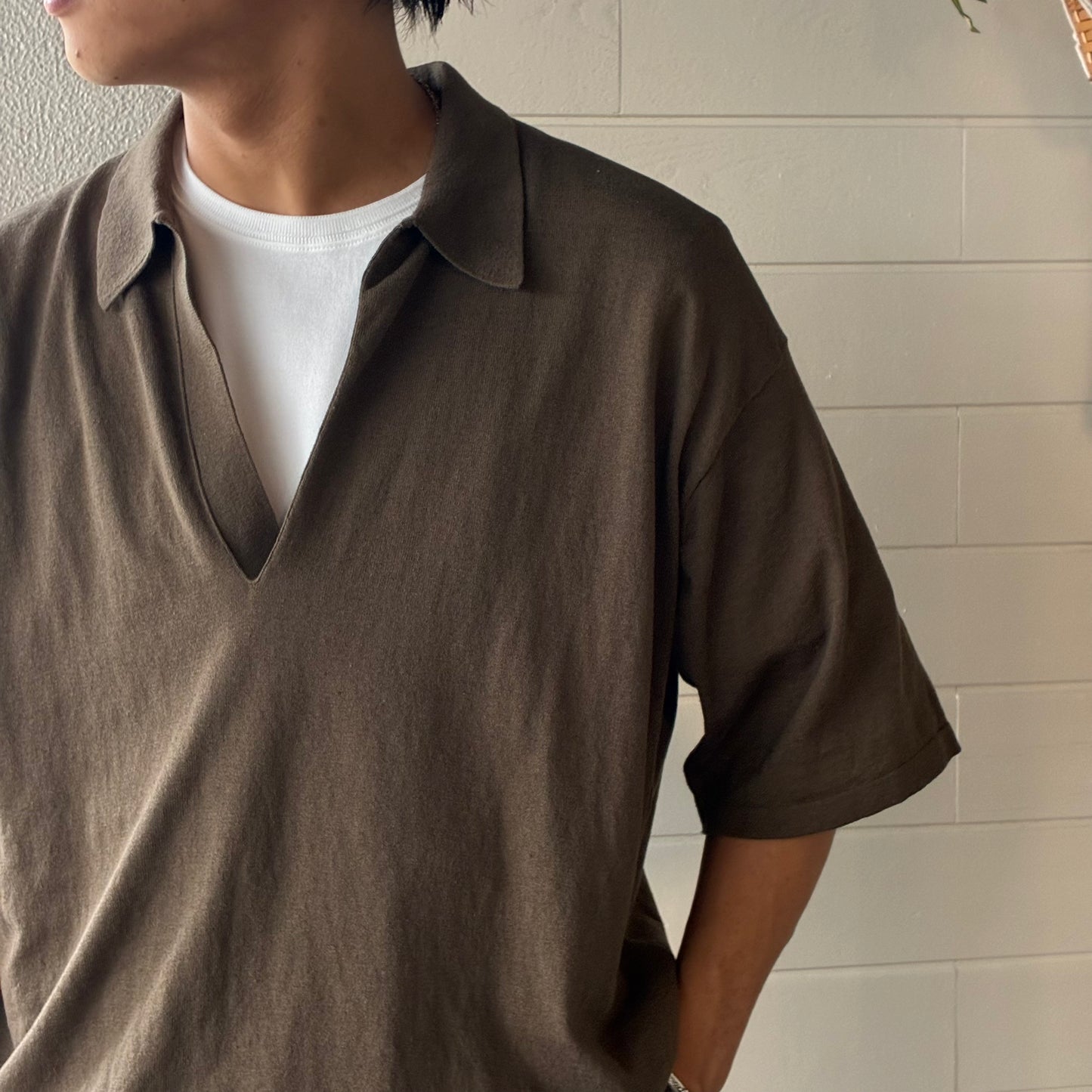 YLÈVE(イレーヴ) メンズ/ COTTON LINEN KNIT SKIPPER POLO コットン