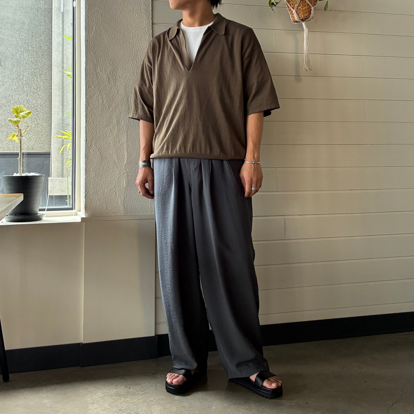 YLÈVE(イレーヴ) メンズ/ COTTON LINEN KNIT SKIPPER POLO コットン